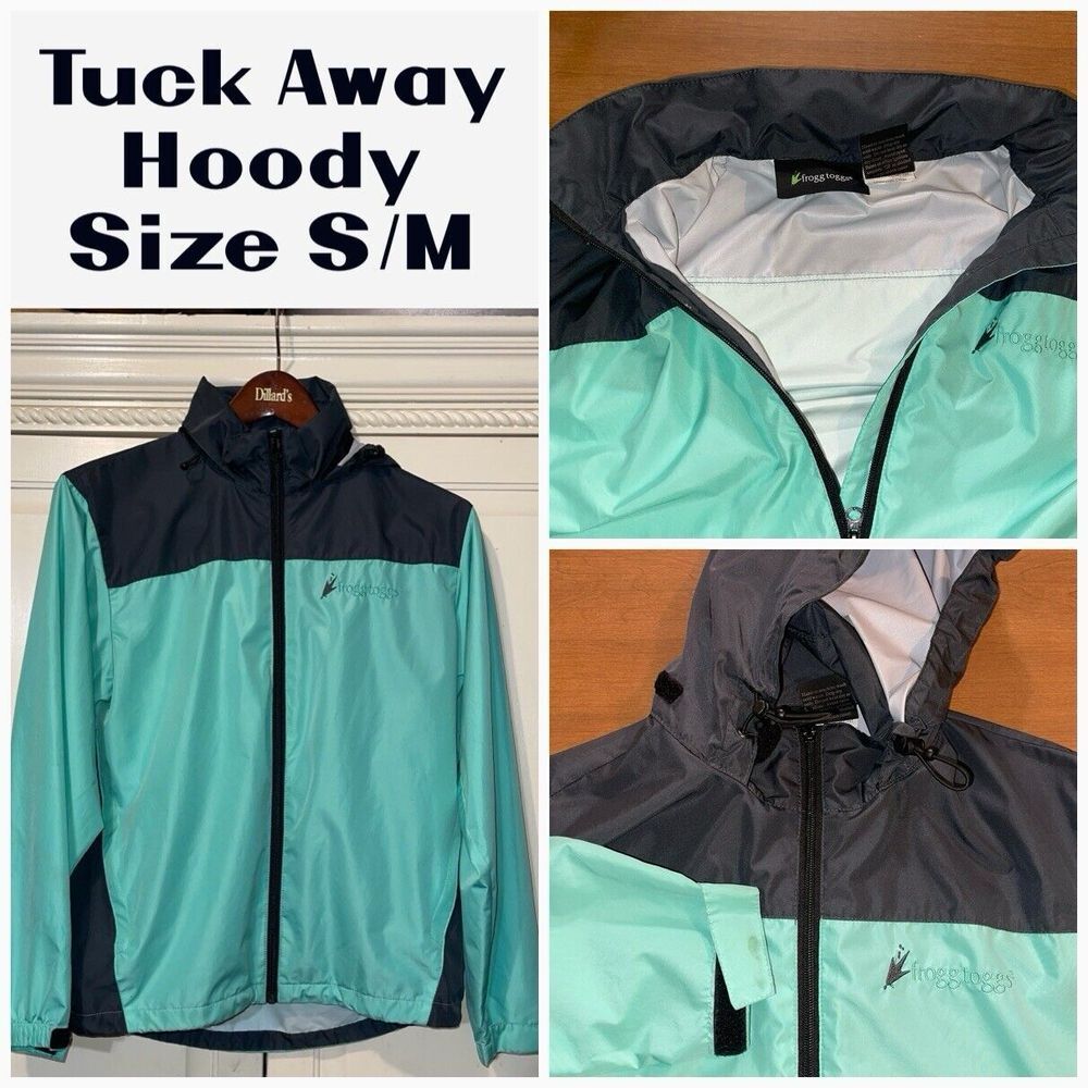 Frogg Toggs Rain Jacket Women S/M Turquoise Teal Grey Tuck Away Hoody